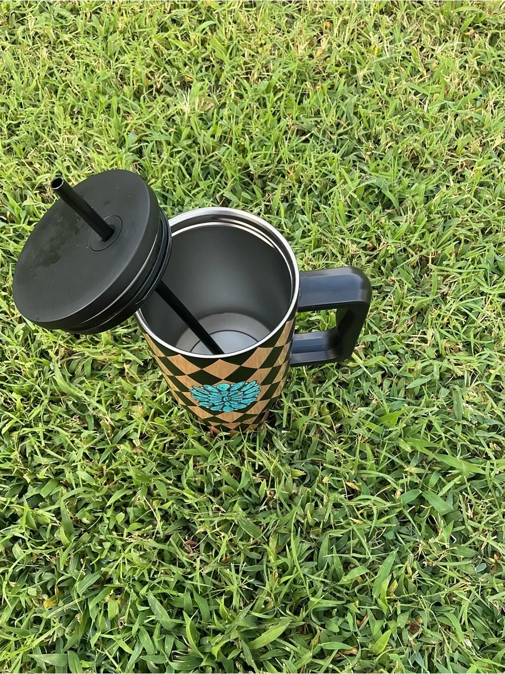 Myra Bag Black & Gold Diamond Travel Tumbler with Turquoise Floral Accent
